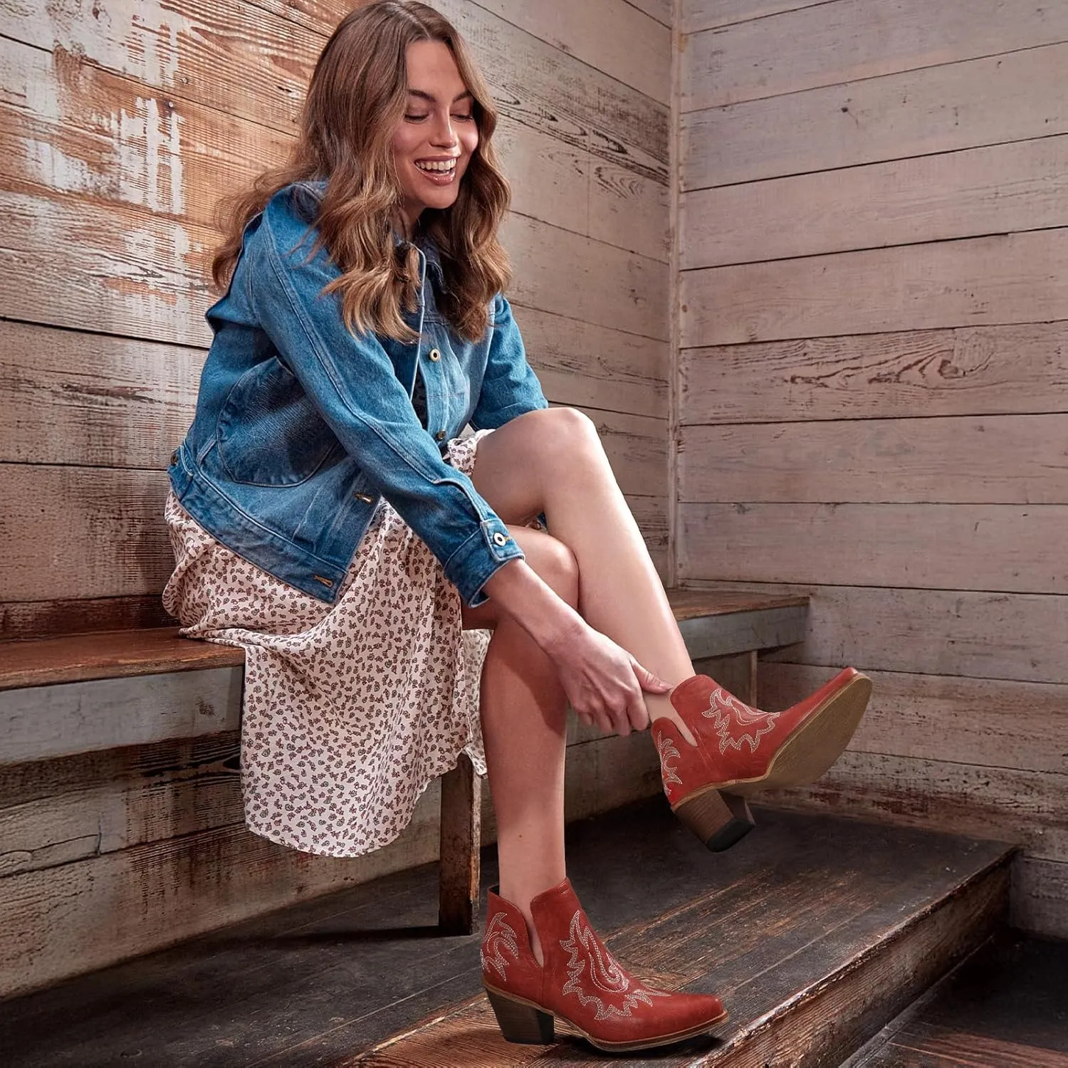 Ankle Cowboy Boots for Women - Cowgirl Booties, Western Short Boots Chunky Heels Pointed Toe(UNDERSIZE: PLEASE SELECT SIZE UP)