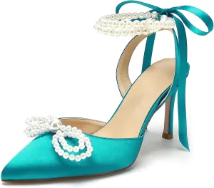 Anna's Bridal Satin White Wedding Shoes for Bride High Heels Closed Toe Bridal Shoes Sandals Prom Party Dress Pumps Sandals Elegant Pointed Toe Bridal Pear Heels for Women