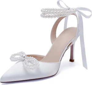 Anna's Bridal Satin White Wedding Shoes for Bride High Heels Closed Toe Bridal Shoes Sandals Prom Party Dress Pumps Sandals Elegant Pointed Toe Bridal Pear Heels for Women