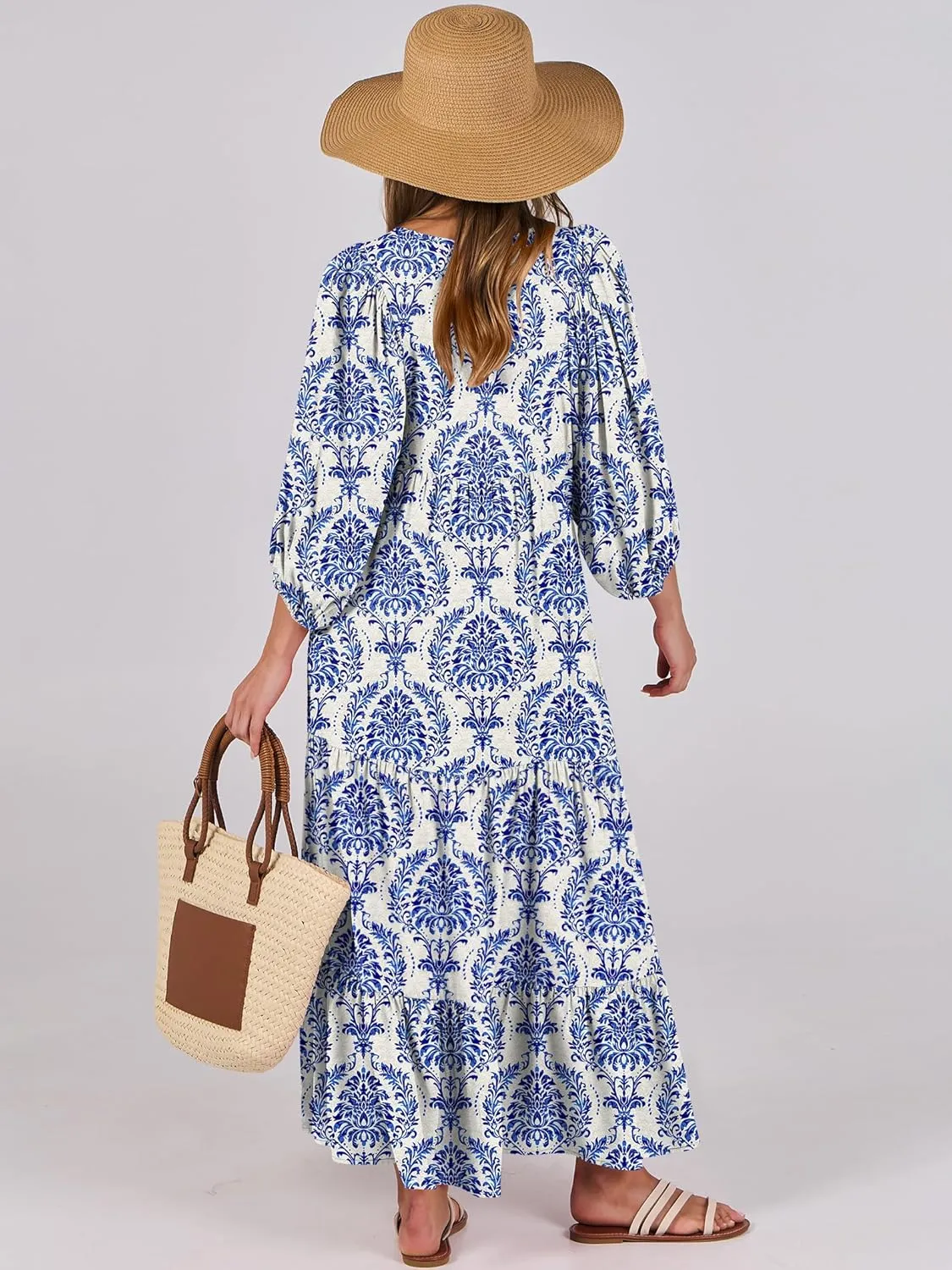 ANRABESS Womens Boho Maxi Dresses 2025 Summer V Neck Puff Sleeve Floral Flowy Swing Casual Long Dress