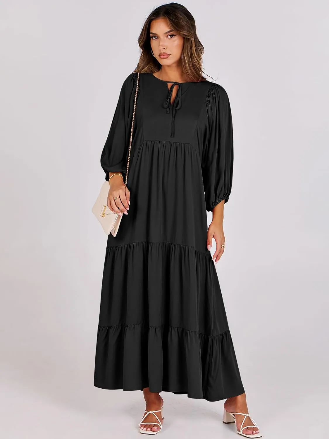 ANRABESS Womens Boho Maxi Dresses 2025 Summer V Neck Puff Sleeve Floral Flowy Swing Casual Long Dress