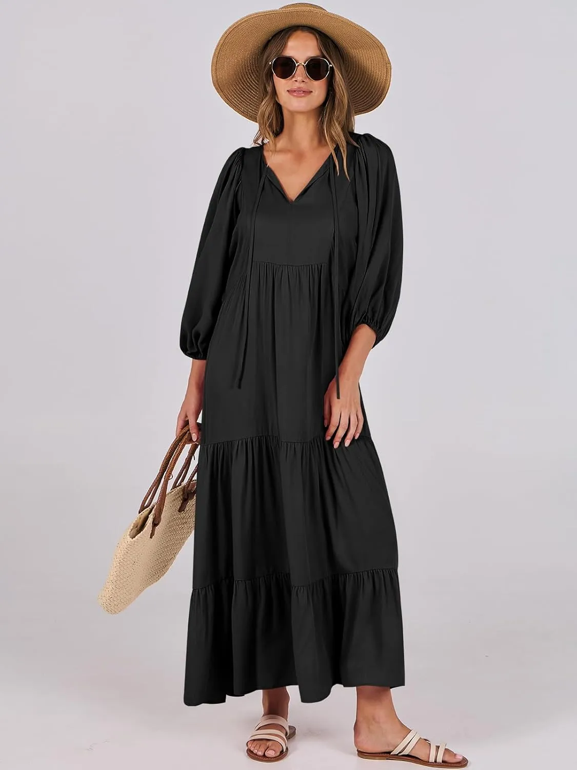 ANRABESS Womens Boho Maxi Dresses 2025 Summer V Neck Puff Sleeve Floral Flowy Swing Casual Long Dress