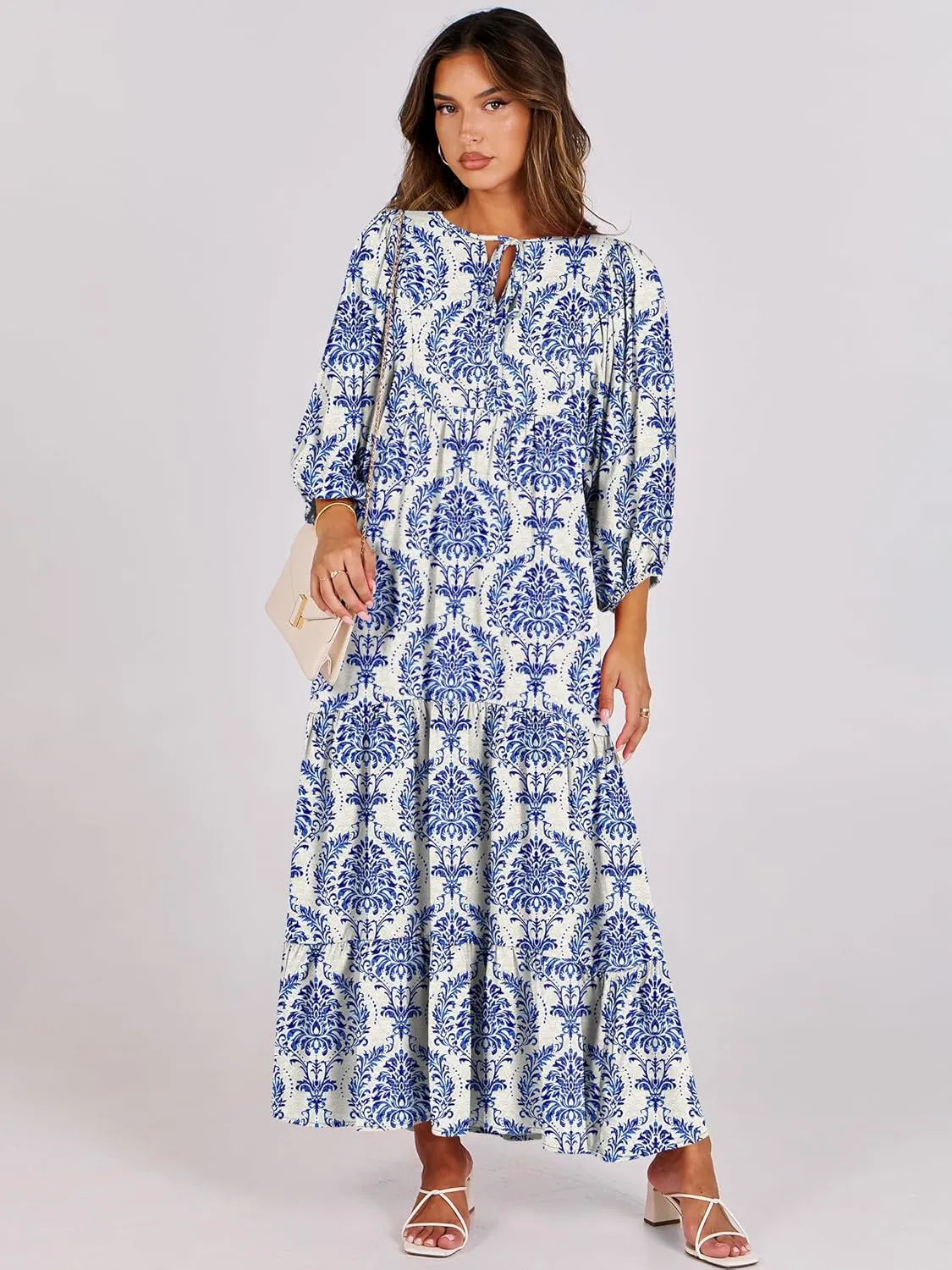 ANRABESS Womens Boho Maxi Dresses 2025 Summer V Neck Puff Sleeve Floral Flowy Swing Casual Long Dress