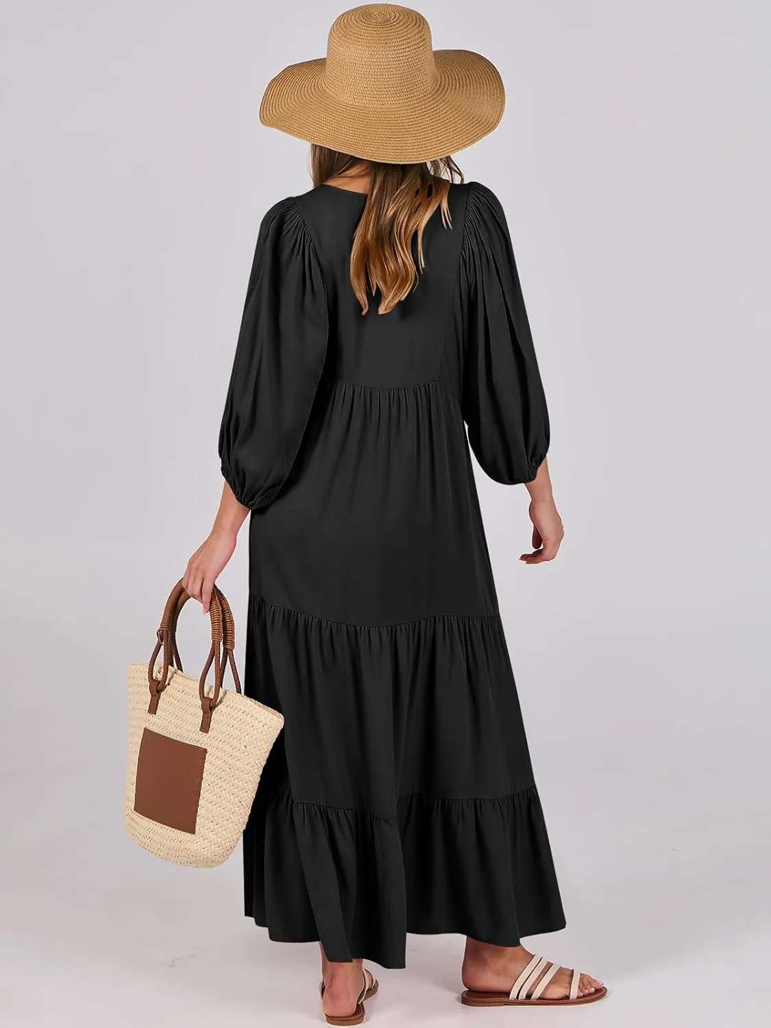 ANRABESS Womens Boho Maxi Dresses 2025 Summer V Neck Puff Sleeve Floral Flowy Swing Casual Long Dress