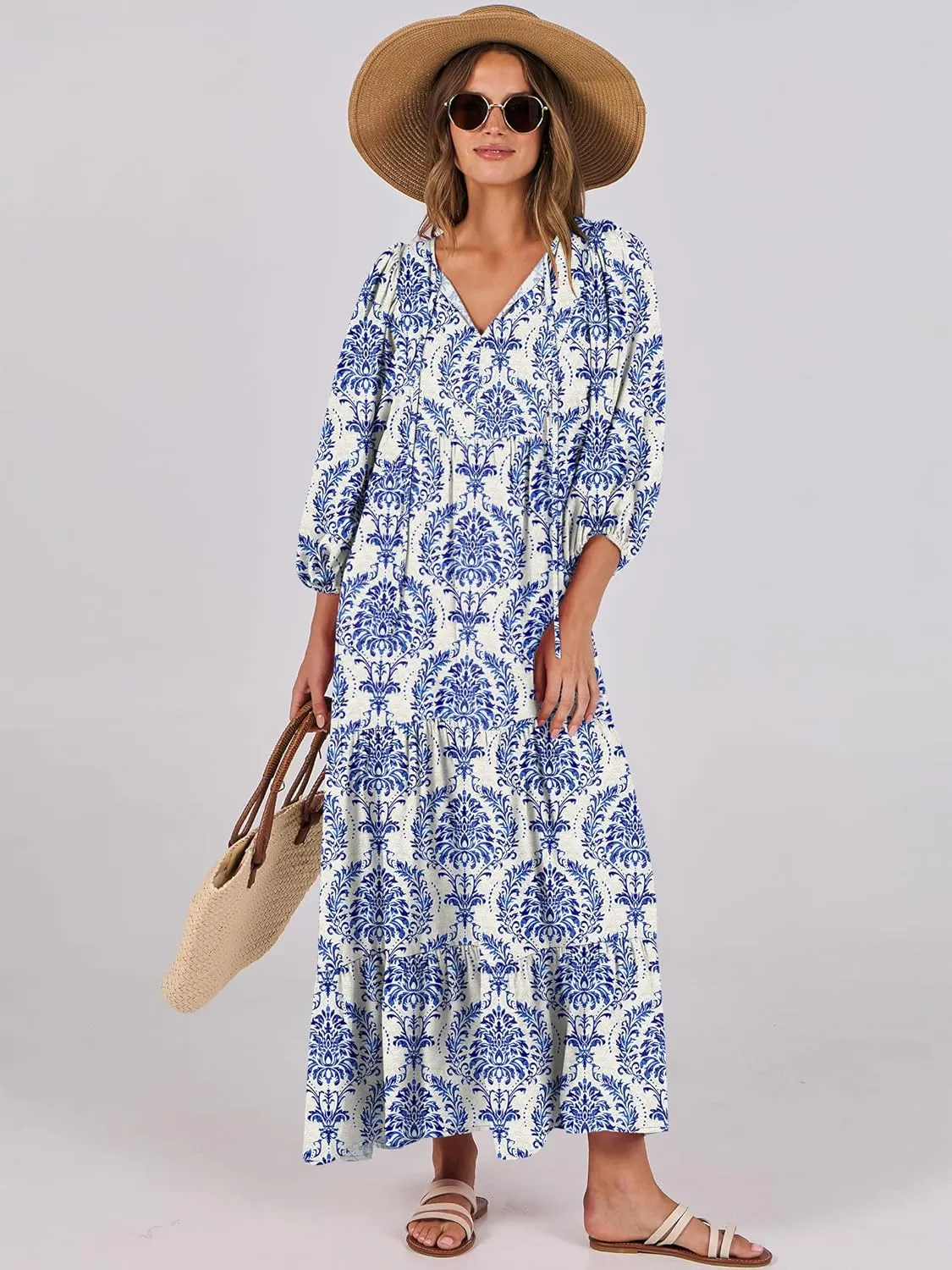 ANRABESS Womens Boho Maxi Dresses 2025 Summer V Neck Puff Sleeve Floral Flowy Swing Casual Long Dress