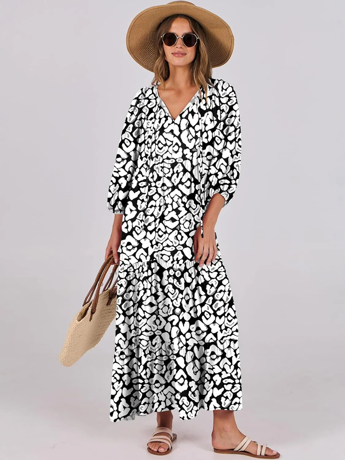 ANRABESS Womens Boho Maxi Dresses 2025 Summer V Neck Puff Sleeve Floral Flowy Swing Casual Long Dress