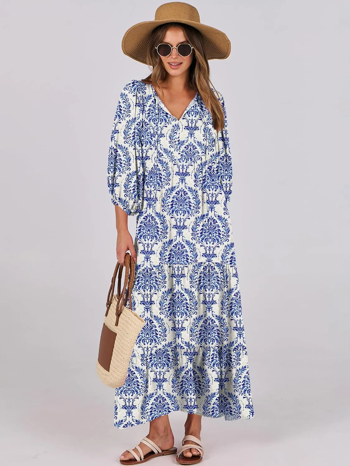 ANRABESS Womens Boho Maxi Dresses 2025 Summer V Neck Puff Sleeve Floral Flowy Swing Casual Long Dress