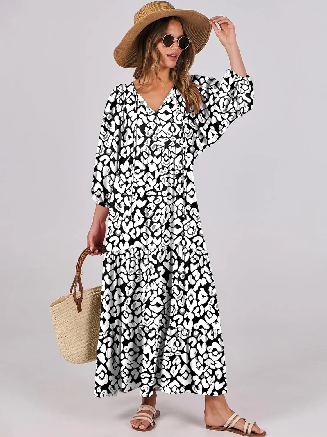 ANRABESS Womens Boho Maxi Dresses 2025 Summer V Neck Puff Sleeve Floral Flowy Swing Casual Long Dress