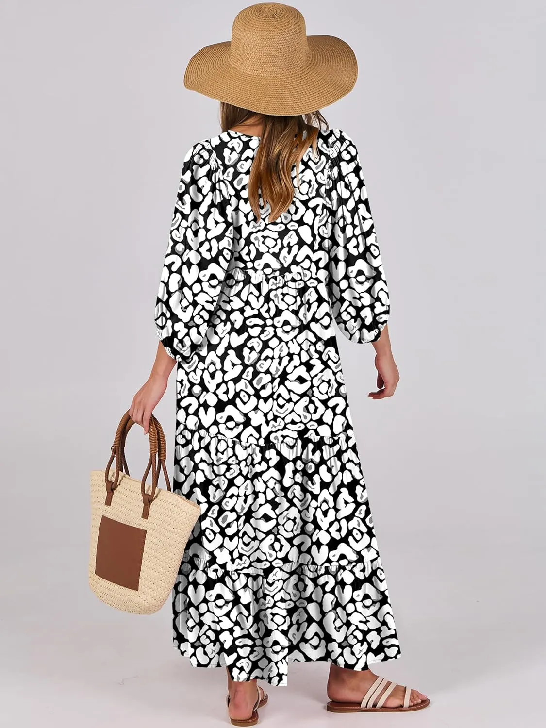 ANRABESS Womens Boho Maxi Dresses 2025 Summer V Neck Puff Sleeve Floral Flowy Swing Casual Long Dress