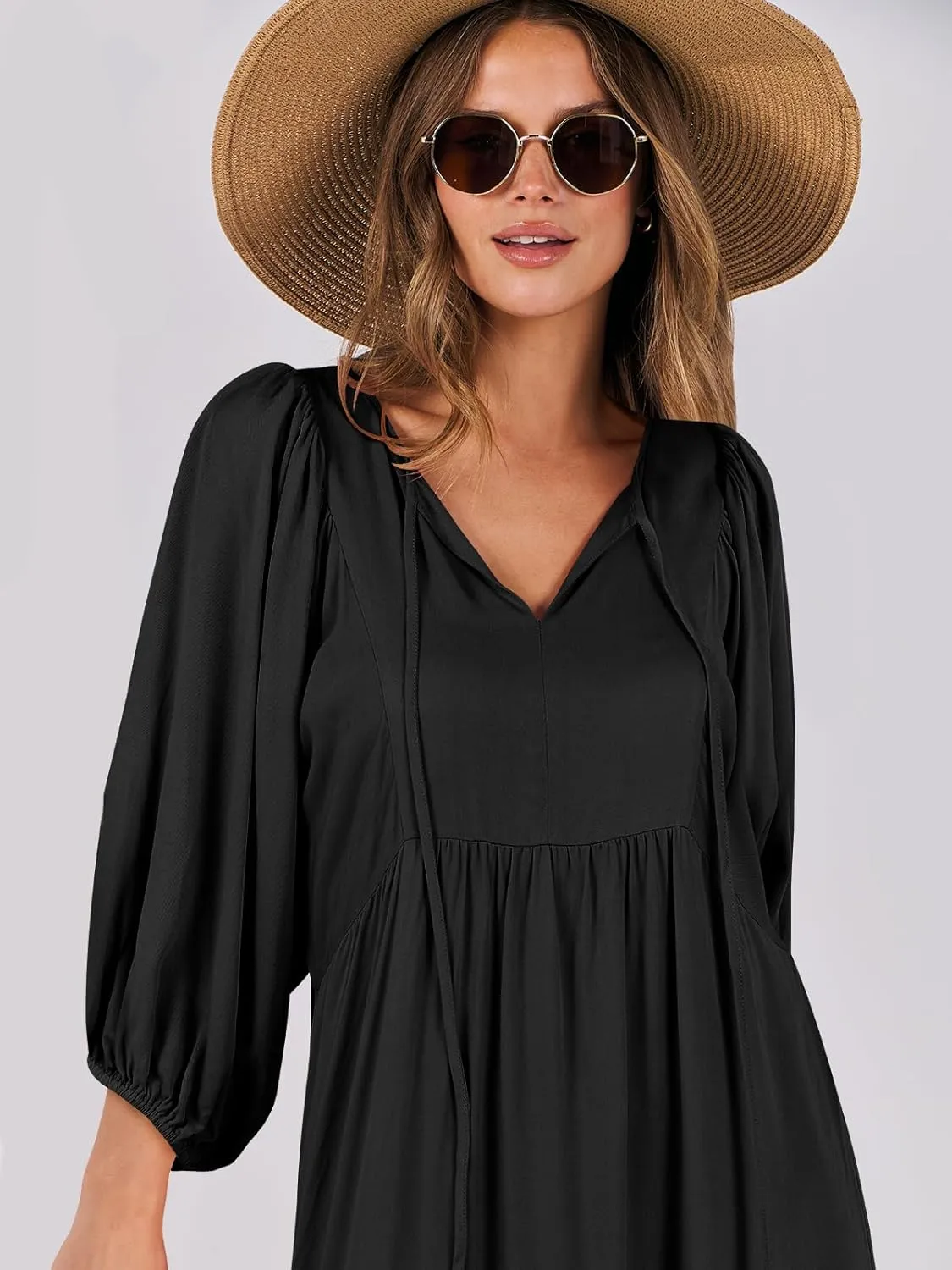 ANRABESS Womens Boho Maxi Dresses 2025 Summer V Neck Puff Sleeve Floral Flowy Swing Casual Long Dress