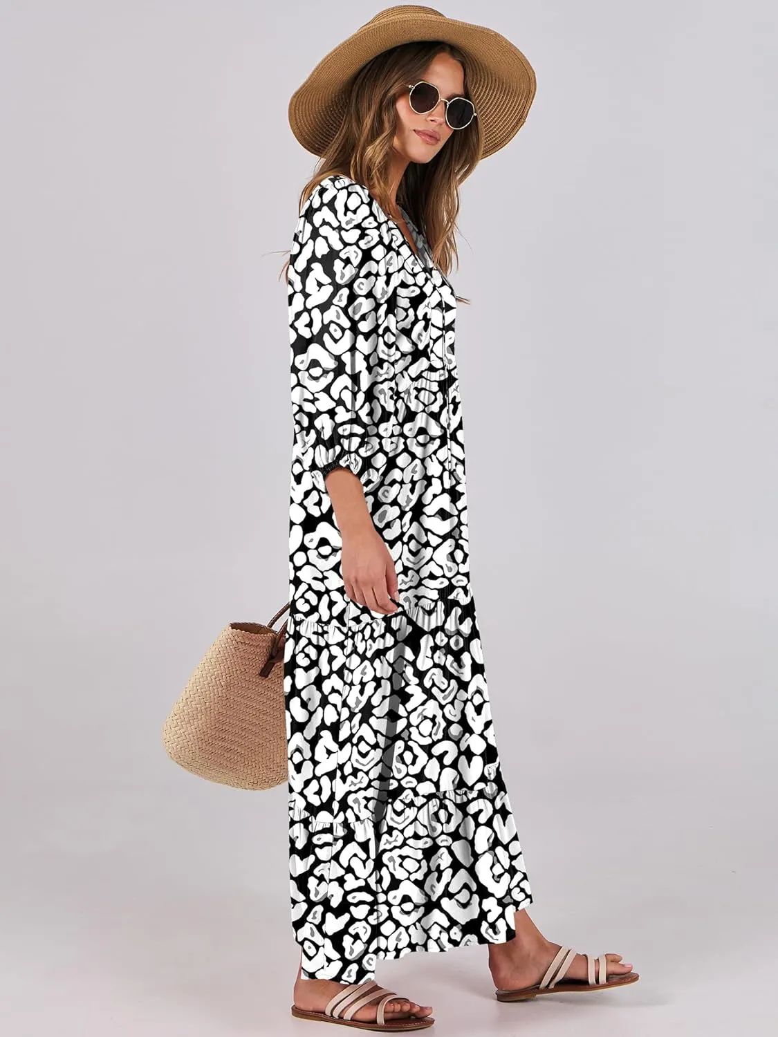 ANRABESS Womens Boho Maxi Dresses 2025 Summer V Neck Puff Sleeve Floral Flowy Swing Casual Long Dress