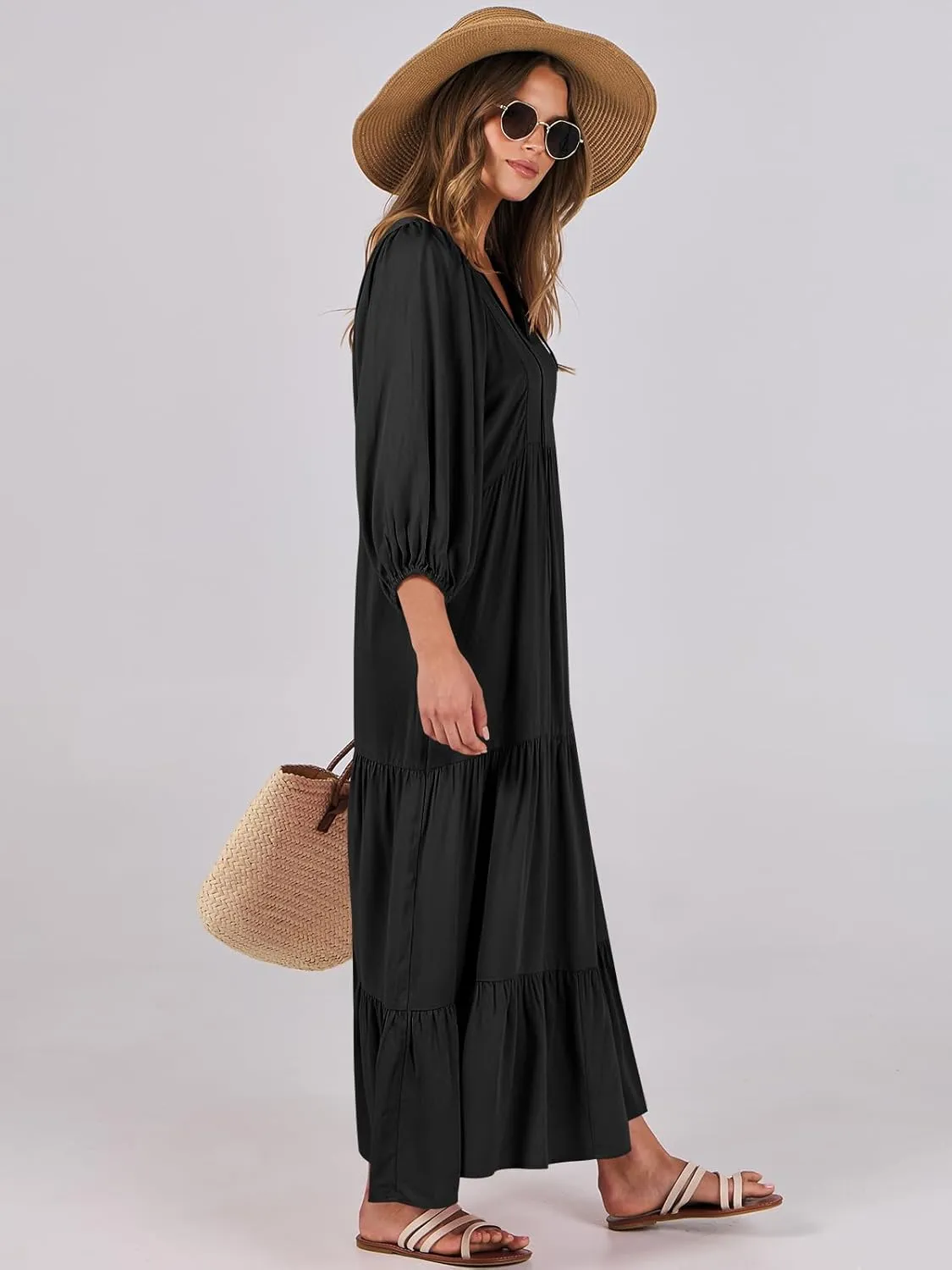 ANRABESS Womens Boho Maxi Dresses 2025 Summer V Neck Puff Sleeve Floral Flowy Swing Casual Long Dress