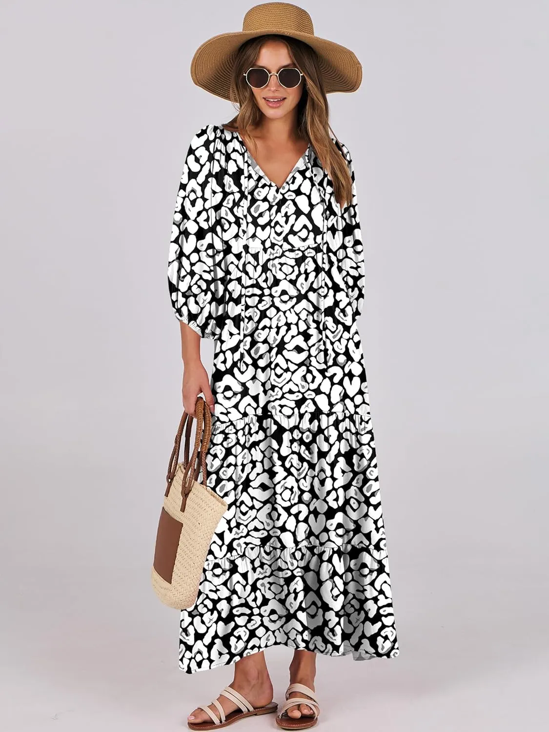 ANRABESS Womens Boho Maxi Dresses 2025 Summer V Neck Puff Sleeve Floral Flowy Swing Casual Long Dress