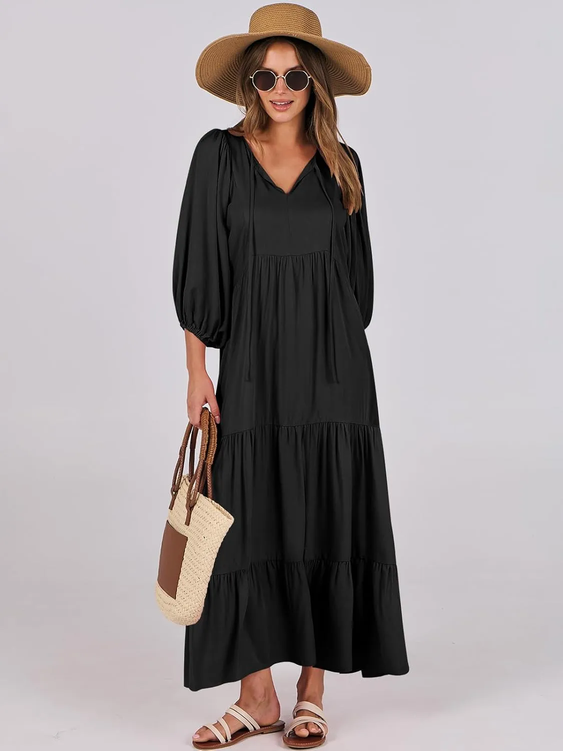 ANRABESS Womens Boho Maxi Dresses 2025 Summer V Neck Puff Sleeve Floral Flowy Swing Casual Long Dress