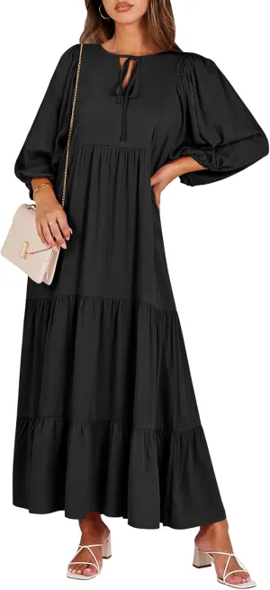 ANRABESS Womens Boho Maxi Dresses 2025 Summer V Neck Puff Sleeve Floral Flowy Swing Casual Long Dress