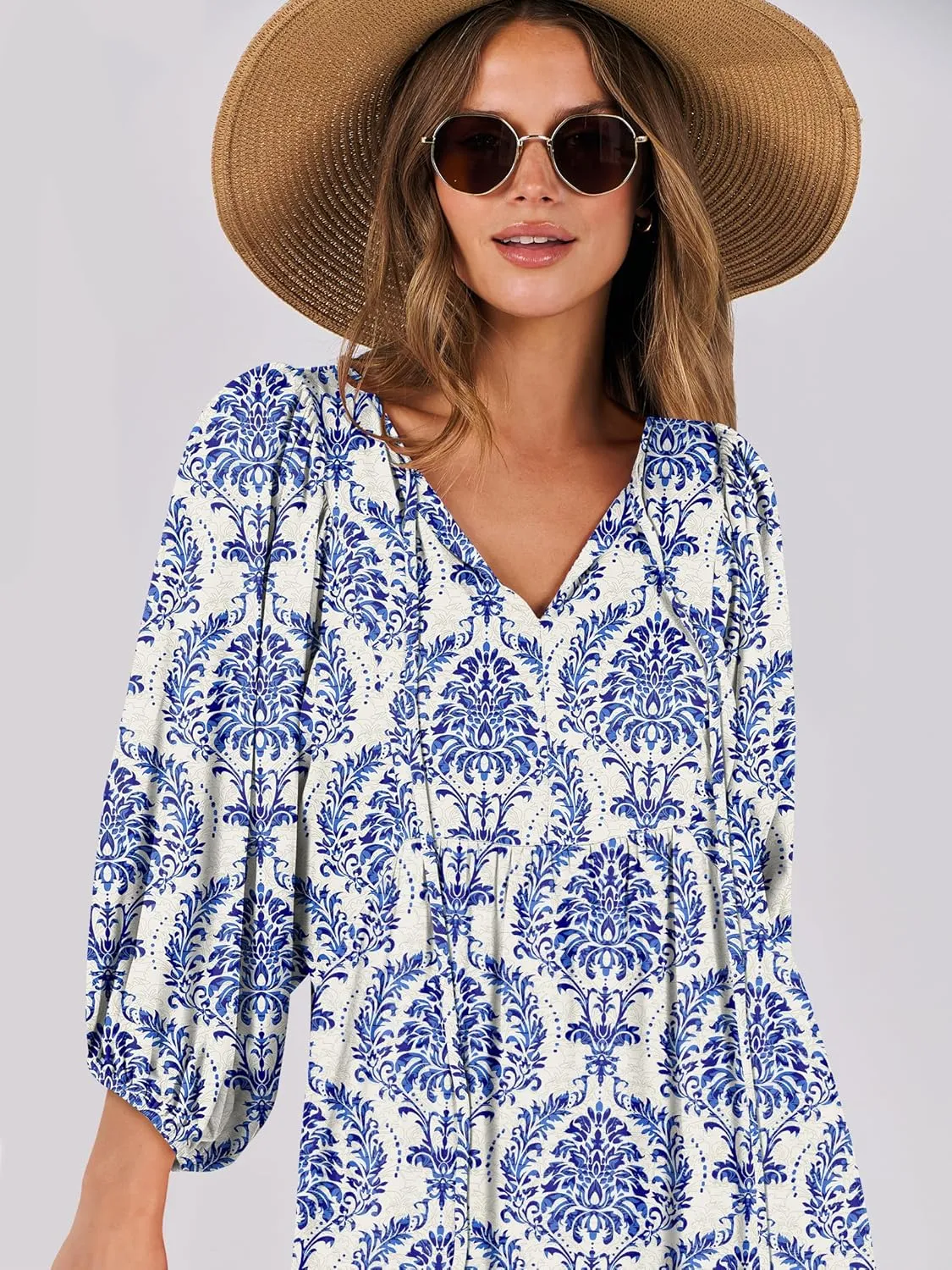 ANRABESS Womens Boho Maxi Dresses 2025 Summer V Neck Puff Sleeve Floral Flowy Swing Casual Long Dress