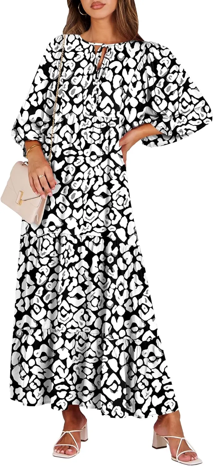 ANRABESS Womens Boho Maxi Dresses 2025 Summer V Neck Puff Sleeve Floral Flowy Swing Casual Long Dress