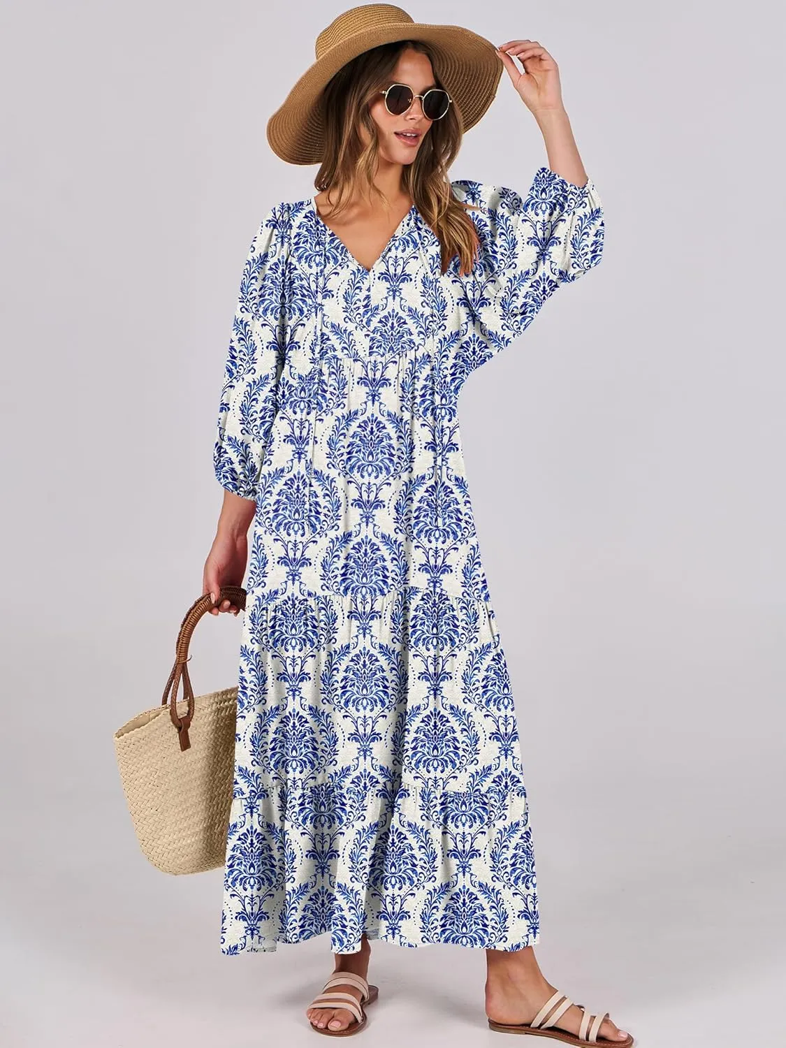 ANRABESS Womens Boho Maxi Dresses 2025 Summer V Neck Puff Sleeve Floral Flowy Swing Casual Long Dress