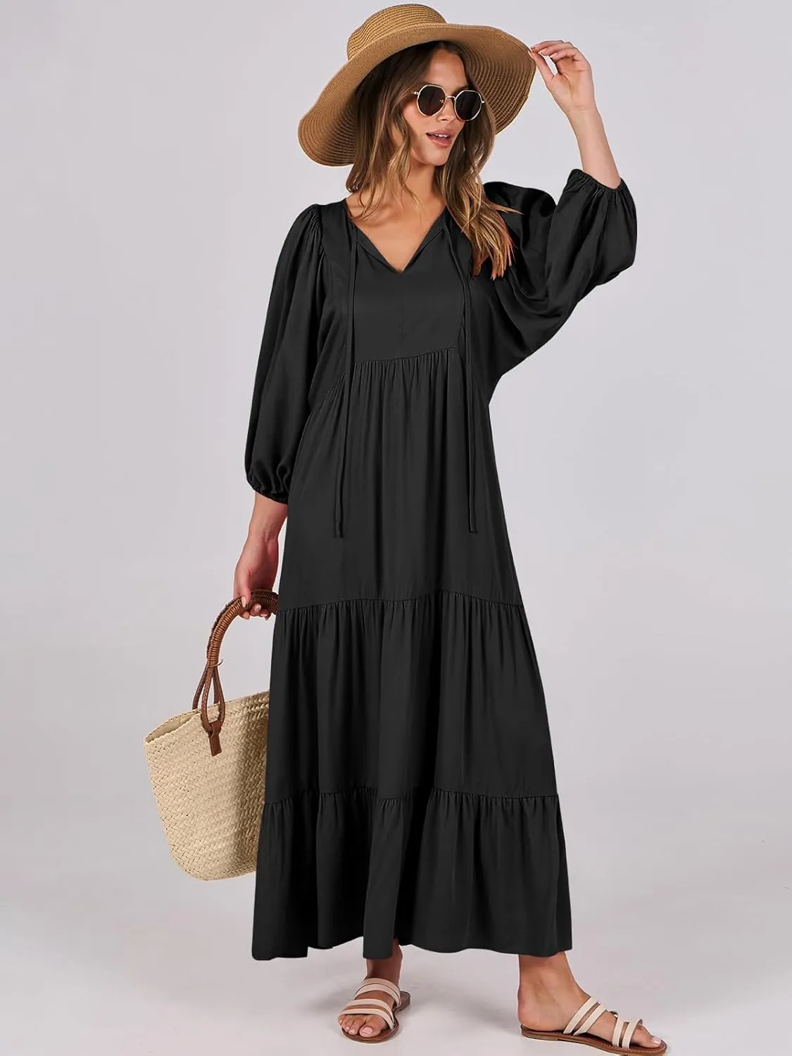 ANRABESS Womens Boho Maxi Dresses 2025 Summer V Neck Puff Sleeve Floral Flowy Swing Casual Long Dress