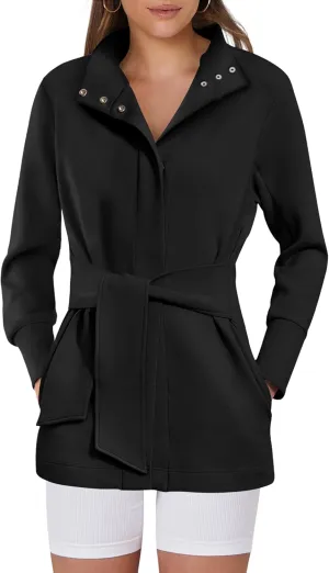 ANRABESS Womens Jacket Belted Casual Long Sleeve Wrap Trench Coat 2025 Spring Trendy Button Up Dressy Outerwear with Pockets