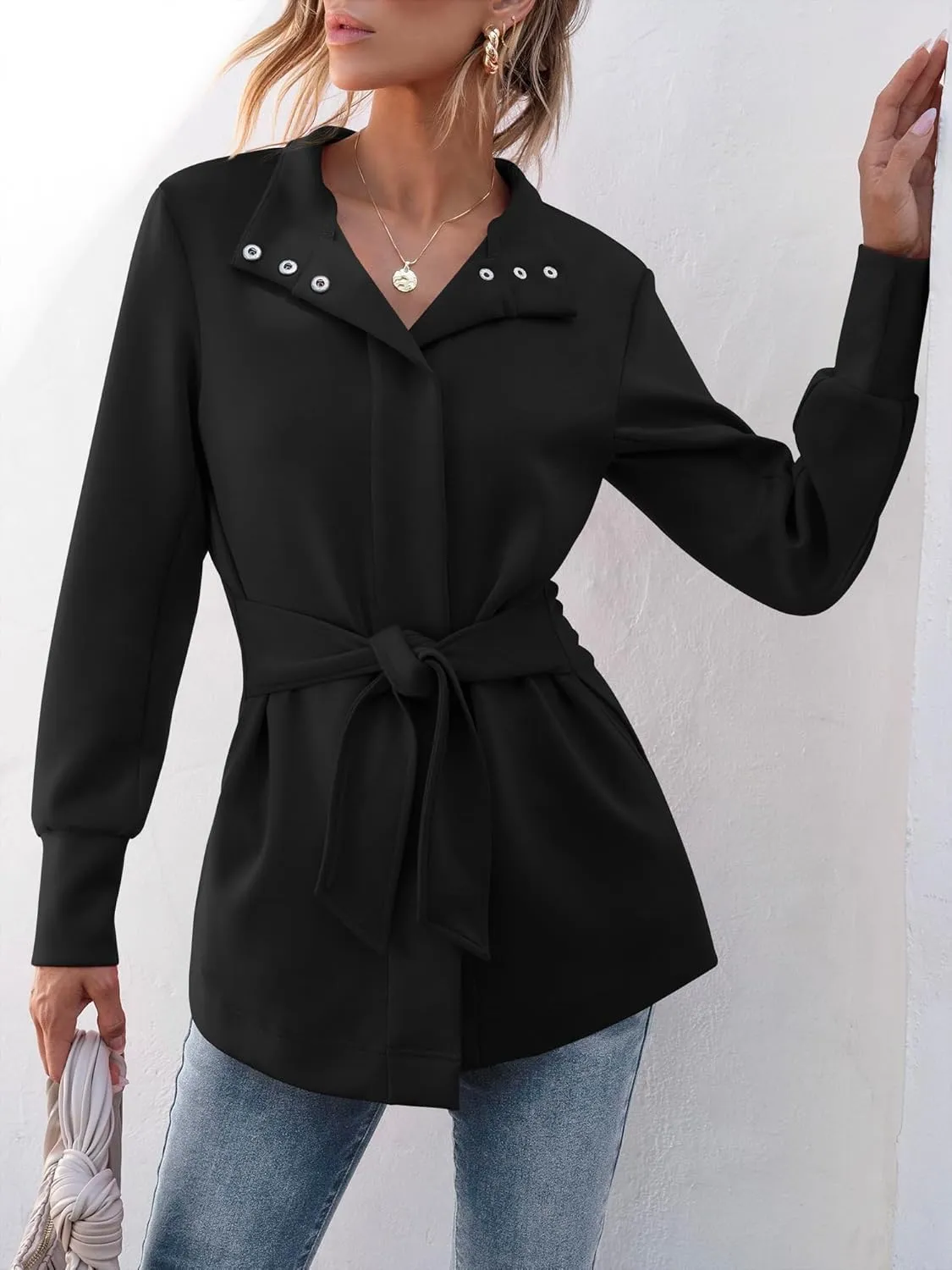 ANRABESS Womens Jacket Belted Casual Long Sleeve Wrap Trench Coat 2025 Spring Trendy Button Up Dressy Outerwear with Pockets