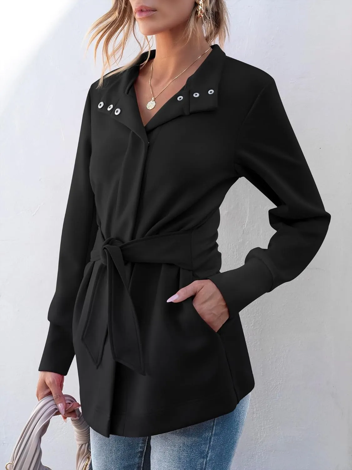 ANRABESS Womens Jacket Belted Casual Long Sleeve Wrap Trench Coat 2025 Spring Trendy Button Up Dressy Outerwear with Pockets