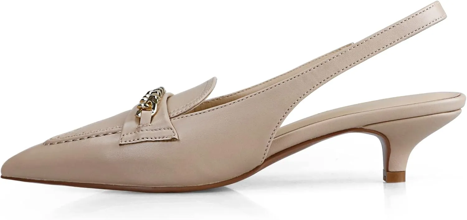 anteikira Womens Dress Shoes Kitten Heels Gold Matal Chain Pointed Closed Toe Trendy Classic Slingback Comfortable Shopping Office Work Pumps