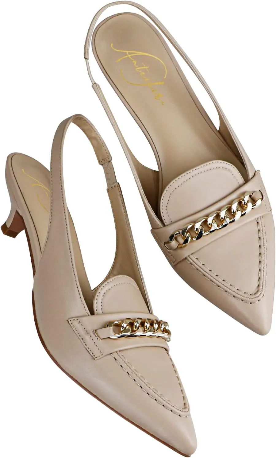 anteikira Womens Dress Shoes Kitten Heels Gold Matal Chain Pointed Closed Toe Trendy Classic Slingback Comfortable Shopping Office Work Pumps