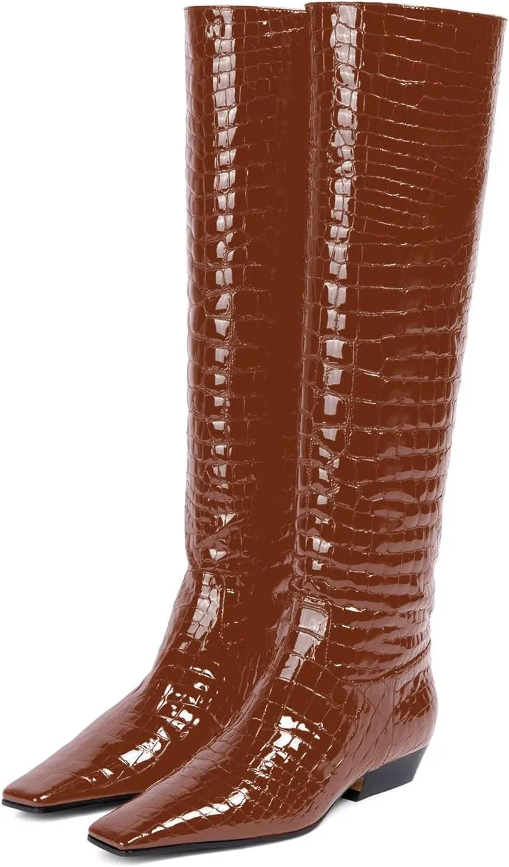 anteikira Women's Fashion Chunky Heel Square Toe Knee High Boots Crocodile Closed Toe Tall Boots Pull On Long Boot for Women Size 5.5-12US