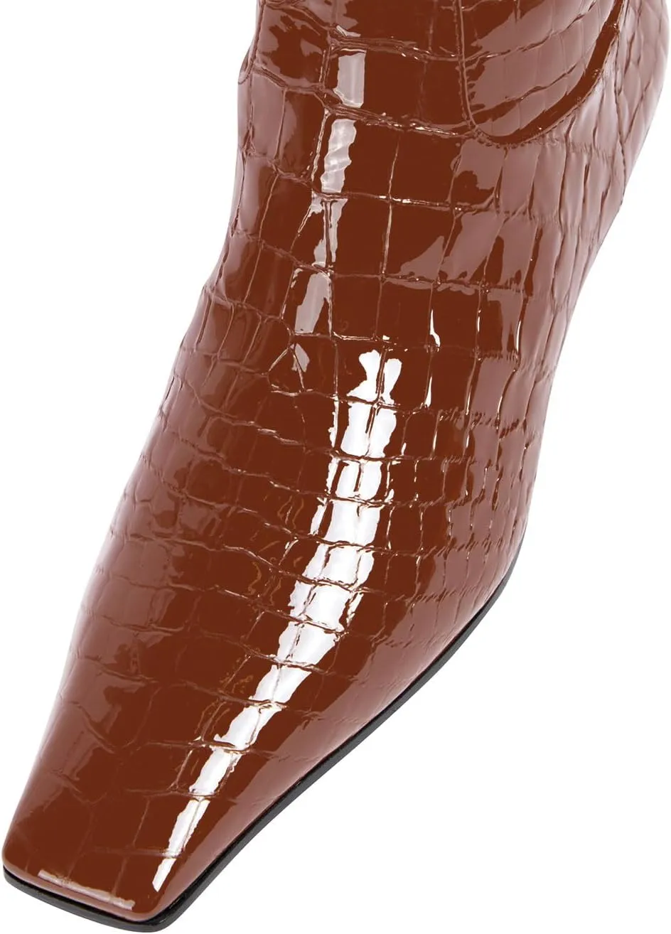 anteikira Women's Fashion Chunky Heel Square Toe Knee High Boots Crocodile Closed Toe Tall Boots Pull On Long Boot for Women Size 5.5-12US