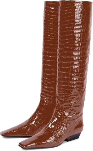anteikira Women's Fashion Chunky Heel Square Toe Knee High Boots Crocodile Closed Toe Tall Boots Pull On Long Boot for Women Size 5.5-12US