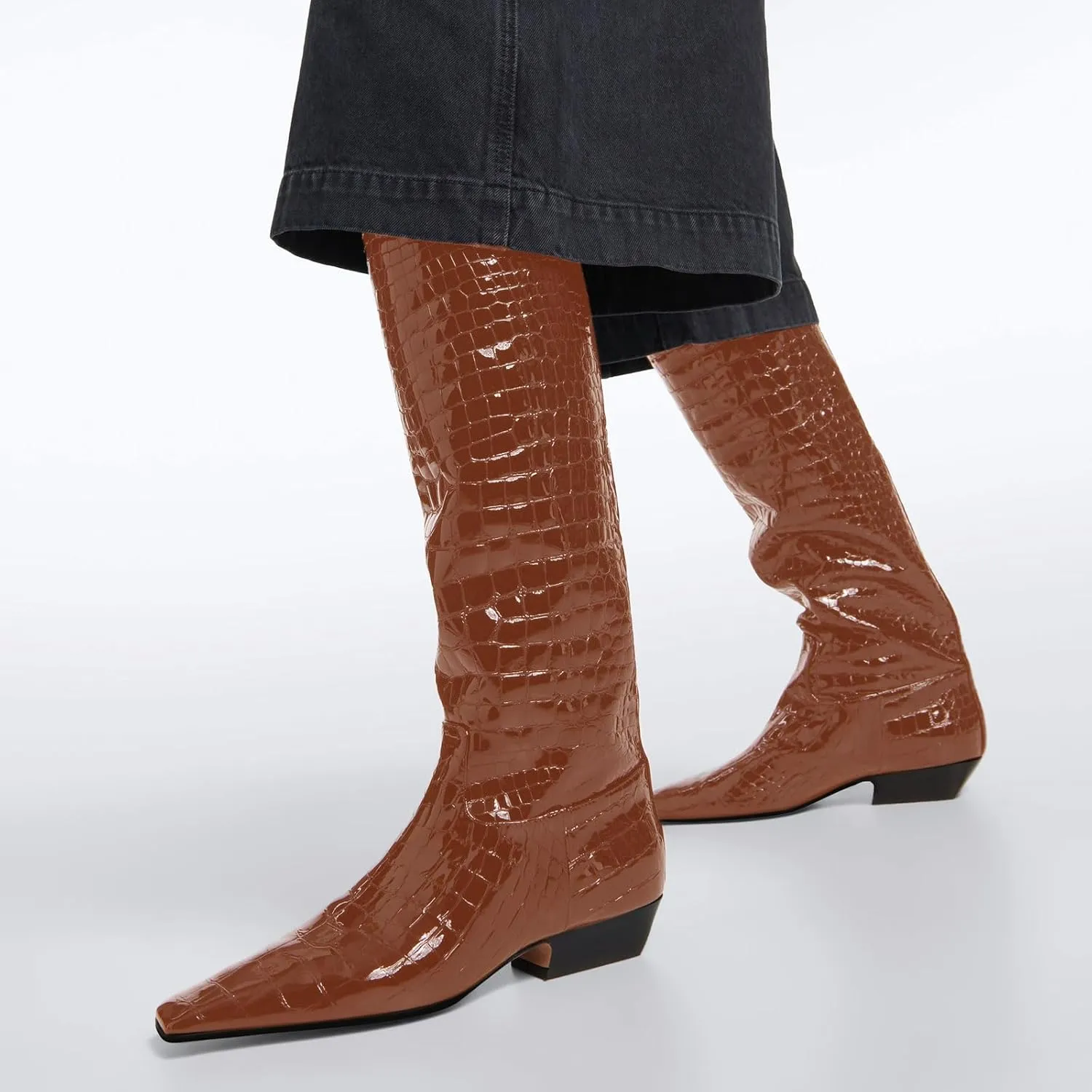 anteikira Women's Fashion Chunky Heel Square Toe Knee High Boots Crocodile Closed Toe Tall Boots Pull On Long Boot for Women Size 5.5-12US