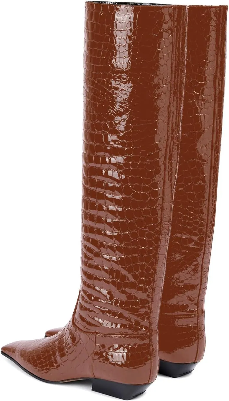 anteikira Women's Fashion Chunky Heel Square Toe Knee High Boots Crocodile Closed Toe Tall Boots Pull On Long Boot for Women Size 5.5-12US