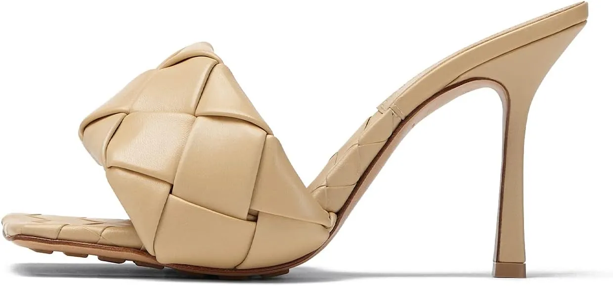 anteikira Women's Fashion High Heels Slip On Slingback Casual Sexy Woven Strap Ooen Square Toe Stiletto Mid-Heel Elegent Dress Wedding Mule Heeled Sandals