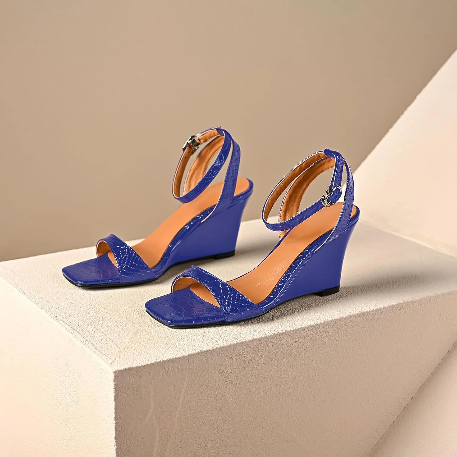 anteikira Women's Square Open Toe Ankle Strap Wedge Heel Sandals Crocodile Print High Heel Wedges Sandal Shoes Party Prom Shopping Shoes