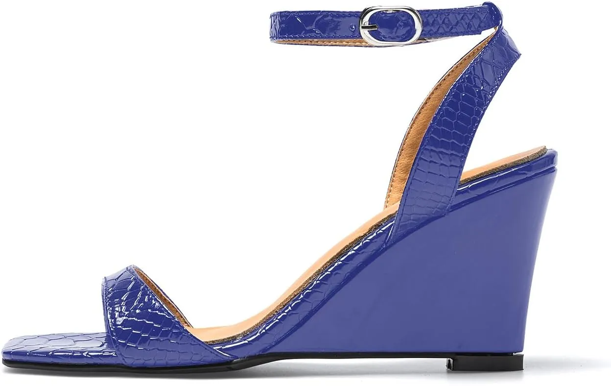 anteikira Women's Square Open Toe Ankle Strap Wedge Heel Sandals Crocodile Print High Heel Wedges Sandal Shoes Party Prom Shopping Shoes