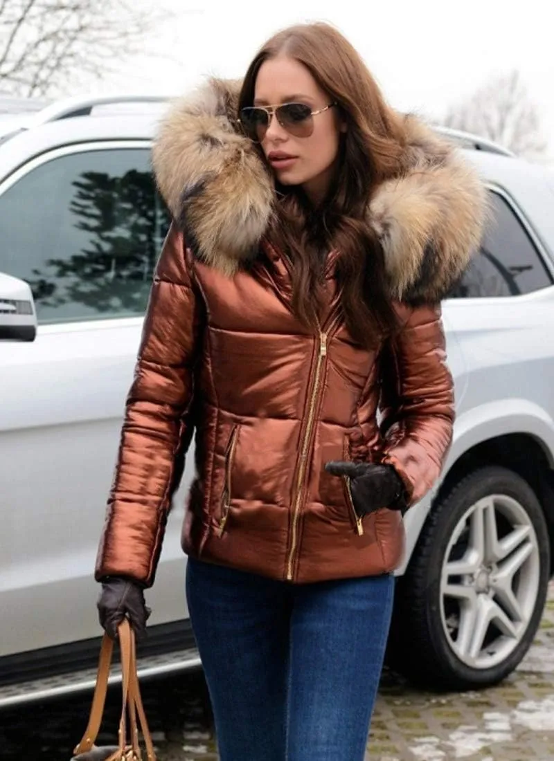 Aofur Womens Ladies Quilted Winter Coat Fur Collar Hooded Down Jacket Parka Outerwear