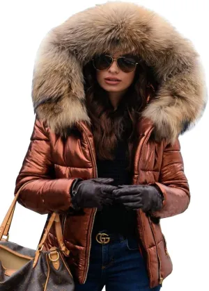 Aofur Womens Ladies Quilted Winter Coat Fur Collar Hooded Down Jacket Parka Outerwear