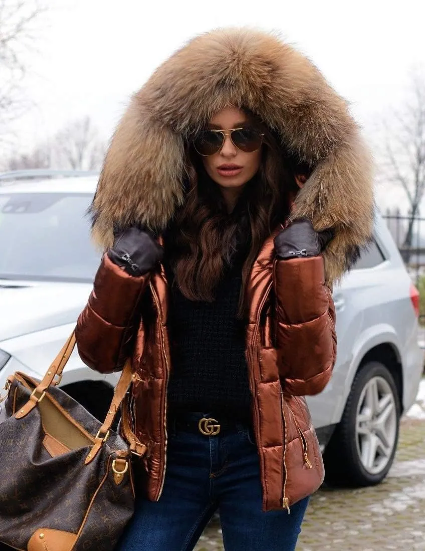Aofur Womens Ladies Quilted Winter Coat Fur Collar Hooded Down Jacket Parka Outerwear
