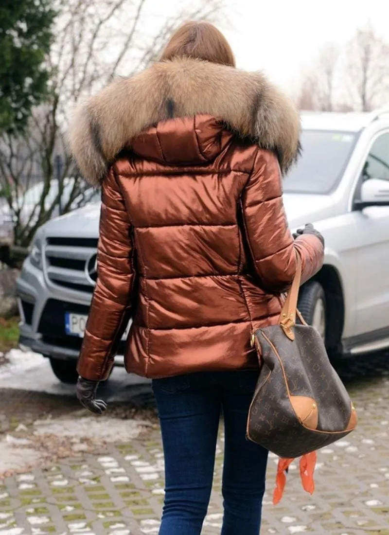 Aofur Womens Ladies Quilted Winter Coat Fur Collar Hooded Down Jacket Parka Outerwear