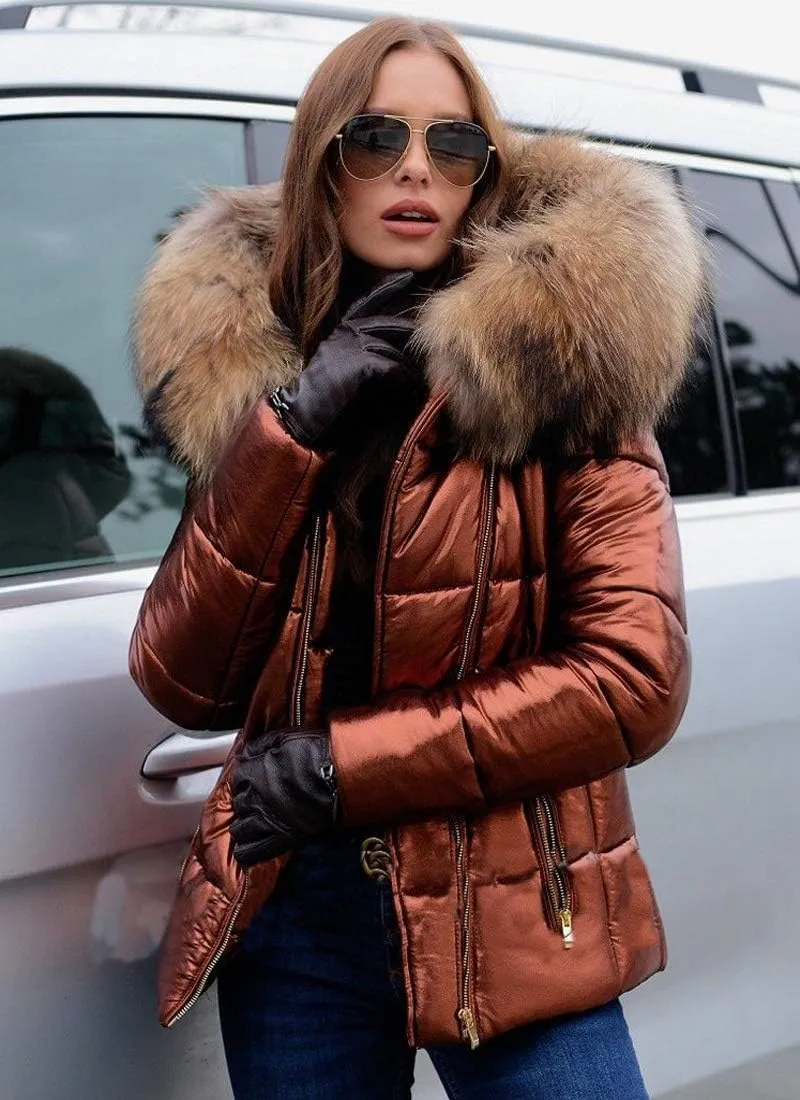 Aofur Womens Ladies Quilted Winter Coat Fur Collar Hooded Down Jacket Parka Outerwear