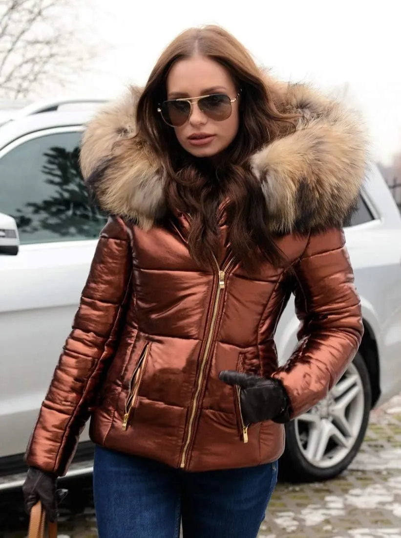 Aofur Womens Ladies Quilted Winter Coat Fur Collar Hooded Down Jacket Parka Outerwear
