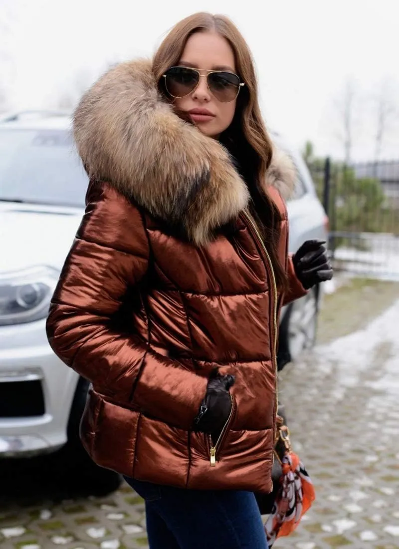 Aofur Womens Ladies Quilted Winter Coat Fur Collar Hooded Down Jacket Parka Outerwear