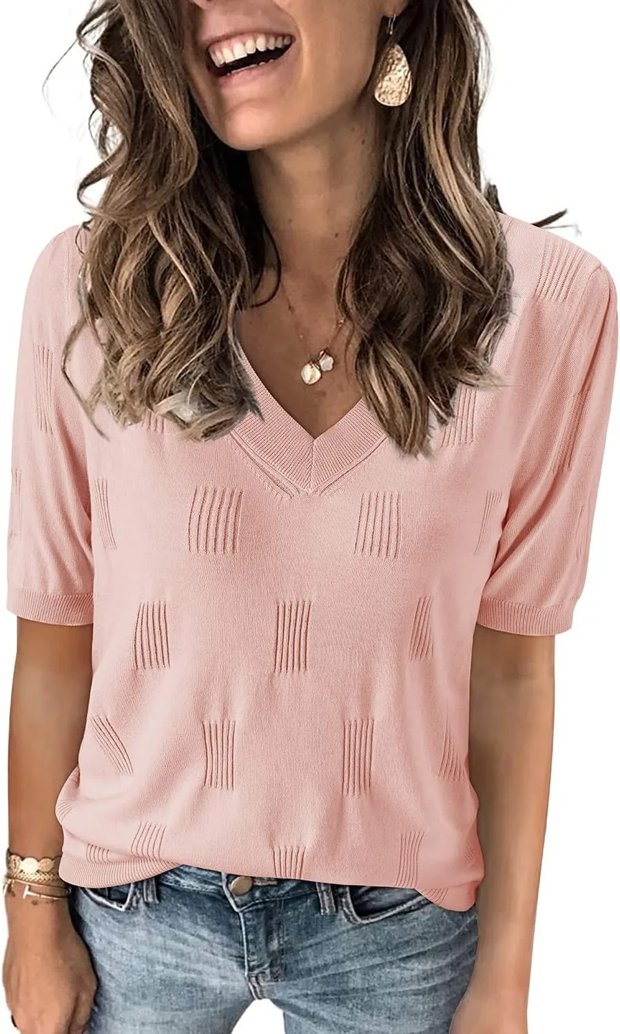 Arach&Cloz Women's Tops 2025 Spring Summer Short Sleeve Sweater Fashion Trendy Dressy Casual Outfit Versatile Knit Blouse