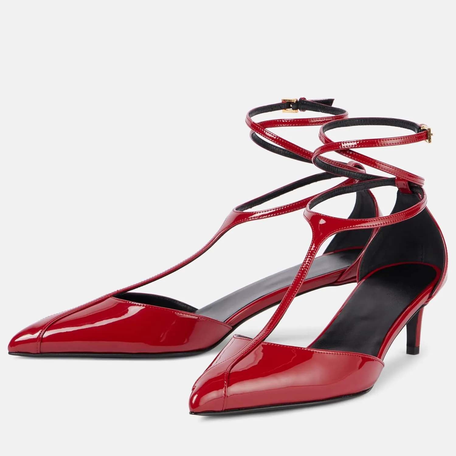 Arqa Women's T-strap Pumps Ribbon Bands Loop Ankle with Gold Buckle Pointed Toe Kitten Heel Sandals Elegant Wedding Party Dressy Low Heels