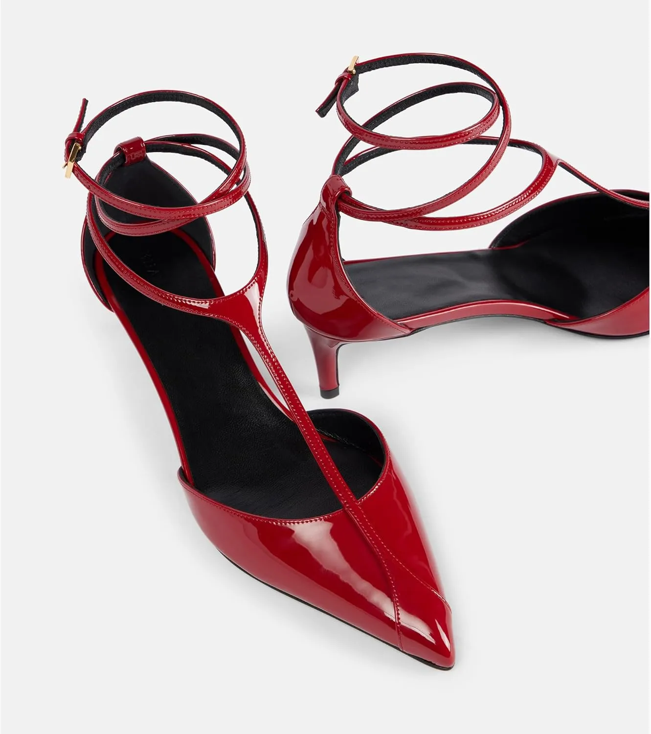 Arqa Women's T-strap Pumps Ribbon Bands Loop Ankle with Gold Buckle Pointed Toe Kitten Heel Sandals Elegant Wedding Party Dressy Low Heels
