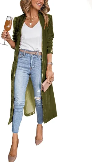Arssm Women's Long Velvet Cardigan Jacket Lapel Collar Open Front Cardigan Duster Coat with Pockets Outerwear (Green-L)