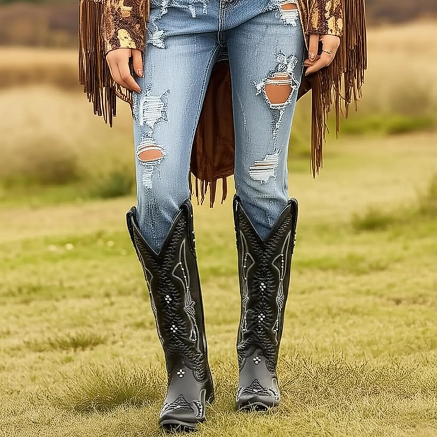 Atuelang Rivet Cowboy Boots for Women Knee High Western Cowgirl Boots