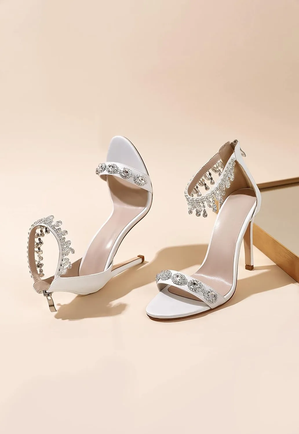 AUMOTED Women's High Heels Open Toe Pumps Stiletto Heeled Sandals Dating Beaded Pumps with Pearl Ankle Buckle Strap Bride Wedding Party Shoes 4.3 Inch