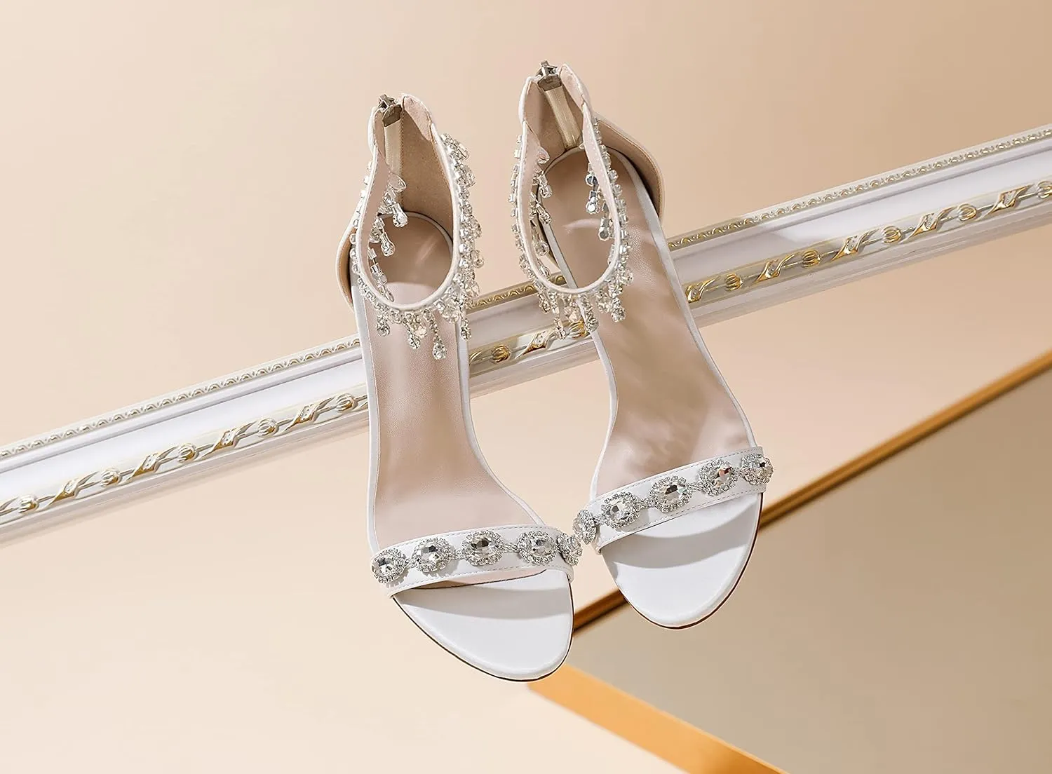 AUMOTED Women's High Heels Open Toe Pumps Stiletto Heeled Sandals Dating Beaded Pumps with Pearl Ankle Buckle Strap Bride Wedding Party Shoes 4.3 Inch